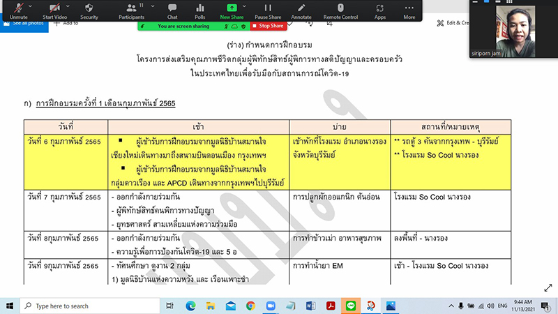 3.	Ms. Siriporn Praserdchat, Logistics Officer, provided an outline of the Buri Ram Province training program.