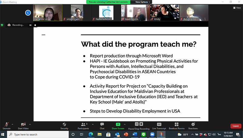 Ms. Catherine Lin, University of Pennsylvania, School of Nursing in USA, presented the essential contents she learnt from the APCD internship program via virtual platform.