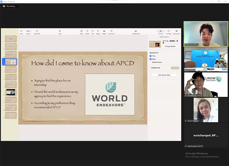 1.	Attendees included representatives from the World Endeavors Thailand office, Mr. Tianzhou Zhang (Intern 2022), and APCD staff.