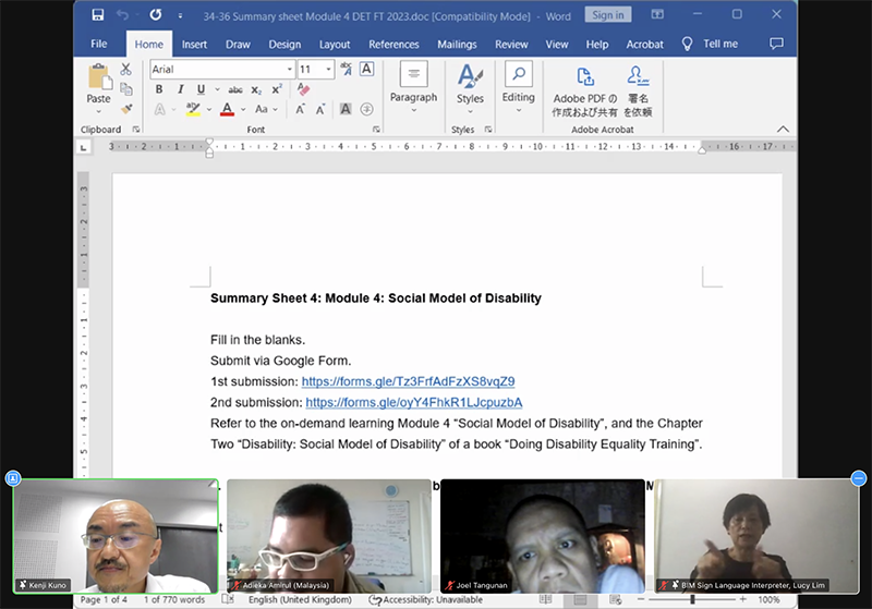 Before the Question and Answer session, Dr. Kenji also shared information about the recommended textbook which will be used to conduct the DET on the DET Forum website, which contains helpful resources and information related to disability equality training.