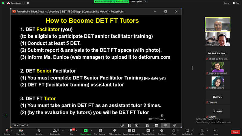 Dr. Kenji Kuno, APCD disability and development advisor and JICA senior advisor, explained on how to become senior facilitator and tutors for DET FT.