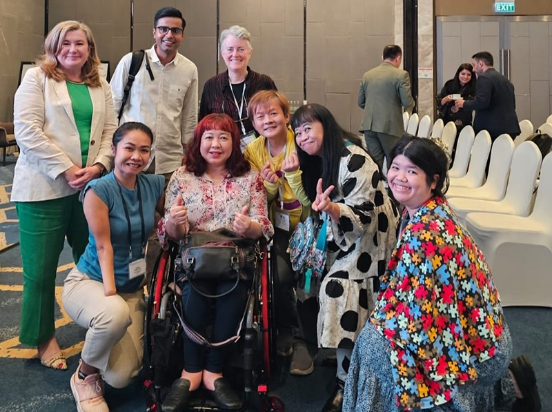 APCD Team congratulate Ms. Saowalak Thongkuay, of the key speaker after the session of Intersection of disability and gender inequality: Manifestations and responses in GMS countries on the second day.