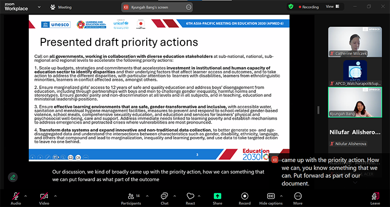 Draft Priority Actions for 6th Asia-Pacific Meeting on Education 2030 (APMED 6) presented by Ms. Kristy Bang, UNESCO