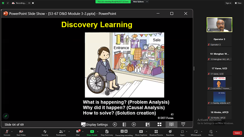 Dr. Kenji presented the working approach on D&D about Discovery Learning through Disability Equality Training: DET.  
