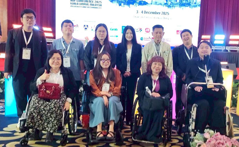 Ten Thai delegate Mission team group photo taking during conference. Ms. Saowalak Thongkuay, New elected chairperson of ADF/ Formal Committee on the Rights of Persons with Disabilities and APCD Executive Board Member; Asst. Prof. Dr. Arunee Limmanee, Policy expert on disability inclusive employment and business project, 2 representatives from disabled.me and 1 representative from Transportation For All (T4All) as well as their personal assistants.