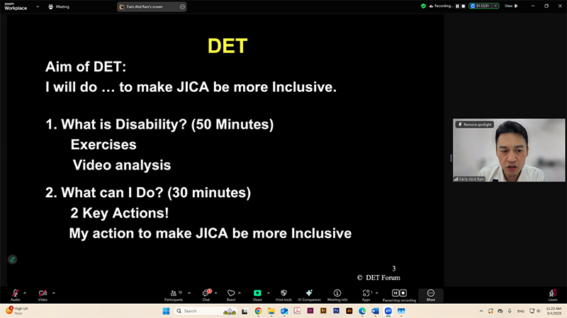 Mr. Fariz Abd Rani from Malaysia shared the overview of the Disability Equality Training (DET) in the Asia-Pacific session.