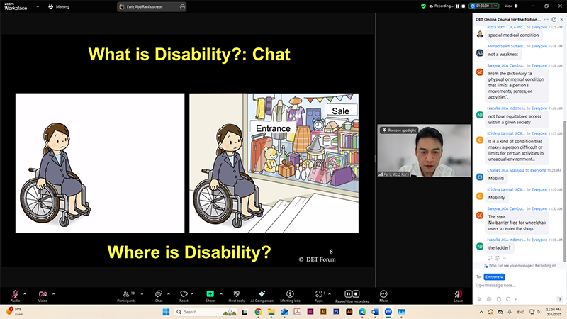 Mr. Fariz Abd Rani from Malaysia shared the overview of the Disability Equality Training (DET) in the Asia-Pacific session.