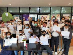 Fifteen trainees who completed a fifteen-day training program posed for a photo with a resource person from the Thai Yamazaki firm and project staff.